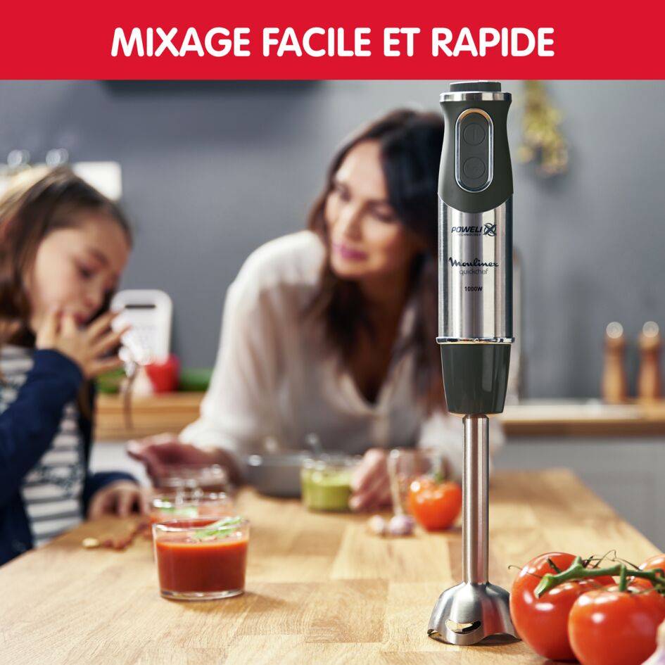 Quickchef 3 en 1, Pied mixeur, Lames powelix, 10 vitesses, Accessoires mini hachoir et fouet, Noir et métal - image 3